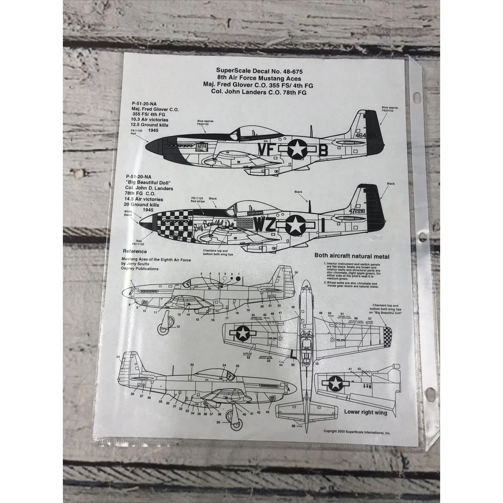 SUPER SCALE P-51 D MUSTANG ACES 8TH AF DECALS 48-675 MAJ. Fred Glover & Landers